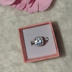 Silver Tone Ring with Clear CZ Gemstone Set Of 2 With Box Gift Engagement Faux